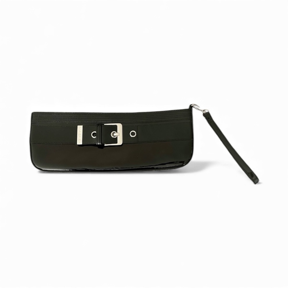VIA SPIGA Black Patent Leather Silver Buckle Clutch Edgy